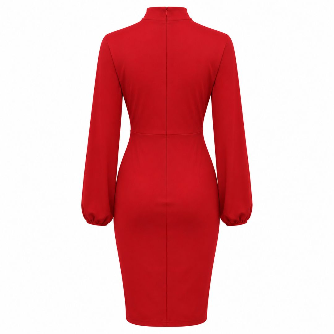 Womens Red Elegant Long Sleeve Bodycon Midi Dress